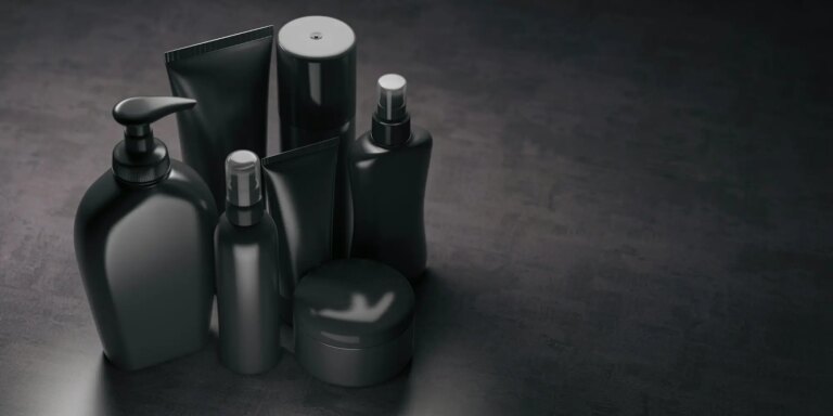 Set of black luxury cosmetic product.